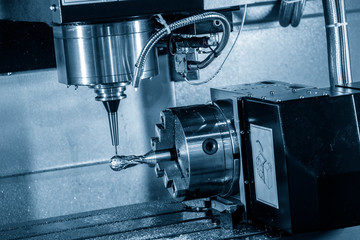 The  multi-axis  CNC milling machine  cutting the hi-precision sample part by solid ball endmill tools. The 4-axis machining center cutting the sample parts on indexable attachment.