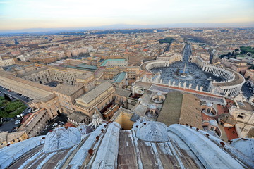 Classic Rome - aerial view to old roof buildings and street, View of St. Peter's Square in Vatican...