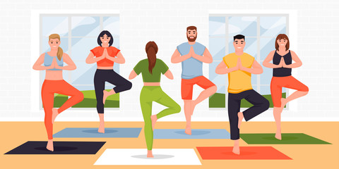 Yoga class vector flat cartoon illustration. Young women and men practicing yoga exercise and meditation with instructor