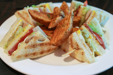 Sliced sandwich with vegetable fillings and potato fries on a white plate