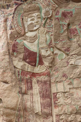 La Shao temple with giant 30-meter Buddha carved into rock at water Curtain Caves in Wushan , Gansu province, China. 