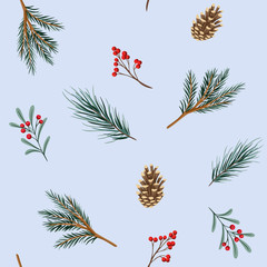 Fir branch, cone, mistletoe seamless pattern blue background. Christmas floral wallpaper.