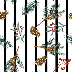 Christmas trees, cones, mistletoe floral seamless pattern black and white striped background. Winter forest wallpaper.