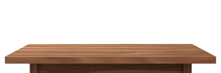 Empty brown wooden table top isolated on white background with clipping path, of free space for your copy and branding. Use as products display montage. Vintage style concept present, 3d illustration