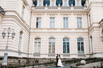 Obraz premium Newlyweds are standing and hugging, kissing near ancient restored architecture, old building, old house outside, vintage palace outdoor.