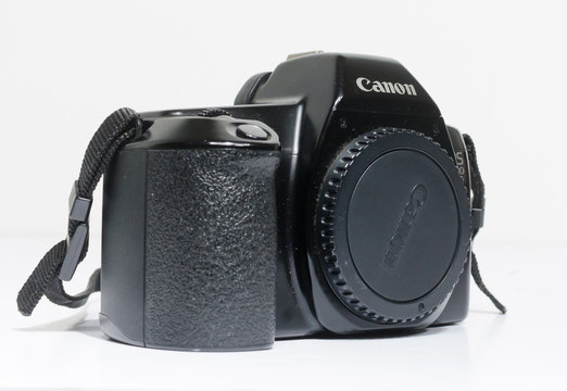 london, england, 05/05/2019 Black Canon EOS 1000 Classic 5 frames per second 35mm Film Auto focus SLR Camera Body for EF Lenses, Japanese. retro vintage classic film camera body with body cap.