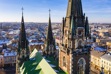 Aerial veiw on Elizabeth church in Lviv, Ukraine from drone. Closeup