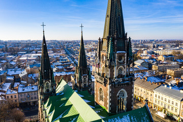 Naklejka premium Aerial veiw on Elizabeth church in Lviv, Ukraine from drone. Closeup