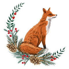 Cute red fox, pine branch, cones floral wreath Christmas greeting card. Woodland animal winter illustration.