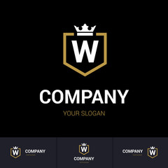 Illustration of Shield Badge-Shape with letter W in the Middle and Luxury Crown. Logo Icon Template for Web and Business Card, Letter Logo Template on Black Background