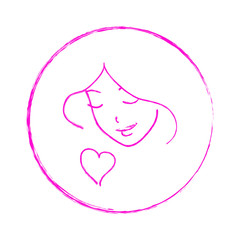 Vector sketch style hand-drawn smiling girl face outlines and a heart symbol in a circle frame. 