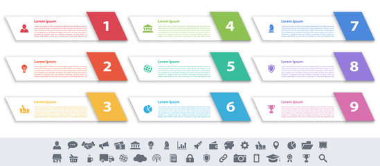 Infographic design business concept vector illustration with 9 steps or options or processes represent work flow or diagram or web button banner