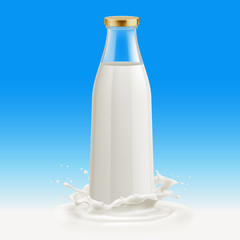 Fototapeta na wymiar White Milk Pack Package Packaging Glass Bottle. Illustration on Blue Background. Template with Splash. Traditional Old Fashioned Glass Milk Bottle