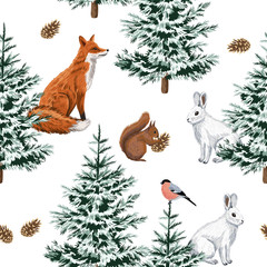 Christmas trees, red fox, white rabbit, squirrel and bullfinch floral seamless pattern white background. Winter forest wallpaper.