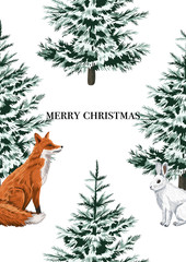 Christmas trees, red fox and white rabbit greeting card. Merry Christmas winter forest illustration.