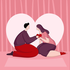 Couple in love. A man and a woman hold heart with his hands. Characters for the Valentines day. Vector illustration in linear style