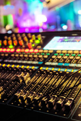 Fototapeta premium Closeup of an audio mixing control panel