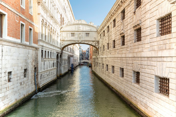 Bridge of sighs or Ponte dei sospiri in Venice in early morning