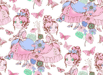 Fototapety  Cute princess.  Seamless pattern. Vector illustration. Suitable for fabric, wrapping paper and the like. Will be well to look in the design of children's room