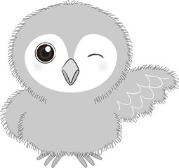 ふくろう　キャラクター　ウィンク　かわいい　ふわふわ　挨拶　翼　灰色