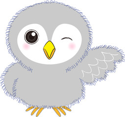 ふくろう　キャラクター　ウィンク　かわいい　ふわふわ　挨拶　翼　灰色