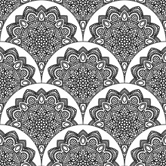 Abstract mandala fish scale seamless pattern. Ornamental tile, mosaic background. Floral patchwork infinity card. Arabic, Indian, ottoman motifs. Vector illustration.   