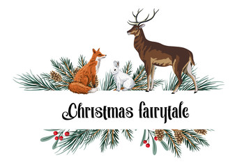 Christmas fir branch, cone, fox, rabbit, deer wild animal greeting card. Winter frame illustration.
