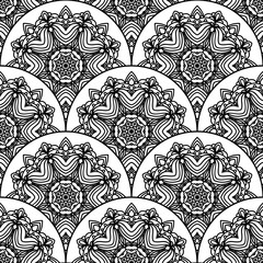 Abstract mandala fish scale seamless pattern. Ornamental tile, mosaic background. Floral patchwork infinity card. Arabic, Indian, ottoman motifs. Vector illustration.   