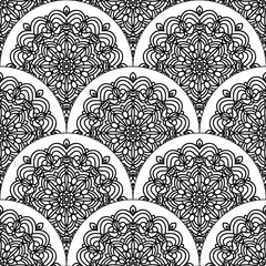 Abstract mandala fish scale seamless pattern. Ornamental tile, mosaic background. Floral patchwork infinity card. Arabic, Indian, ottoman motifs. Vector illustration.   