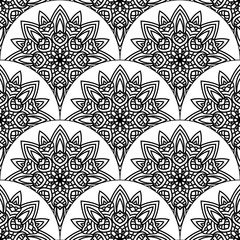 Abstract mandala fish scale seamless pattern. Ornamental tile, mosaic background. Floral patchwork infinity card. Arabic, Indian, ottoman motifs. Vector illustration.   