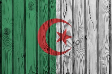 Algeria flag depicted in bright paint colors on old wooden wall. Textured banner on rough background