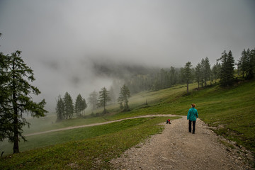 hikers in the austrian alps walk on mountain hiking trails in the woods around the lakes