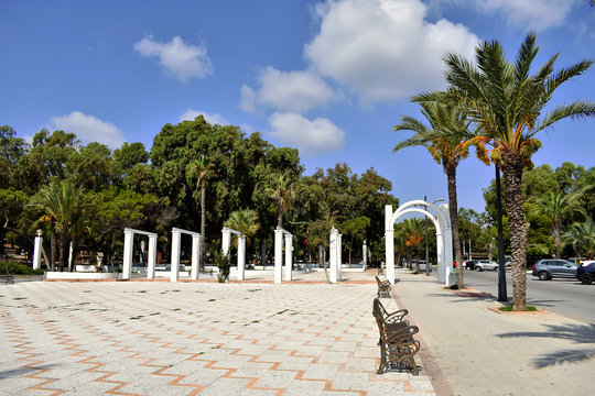 columns at the entrance of the Reina Sofia Dunes Park of Guardamar del Segura beach, Alicante. Spain. Europe. September 21, 2019
