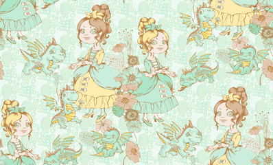 Fototapety  Cute princess and dragon.  Seamless pattern. Vector illustration. Suitable for fabric, wrapping paper and the like. Will be well to look in the design of children's room