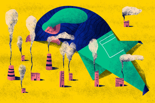Person with ecoanxiety and depression caused by global warming fear. Concept illustration.