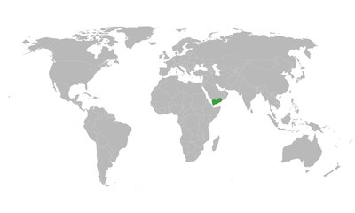 Fototapeta na wymiar Yemen map marked green on world map with gray background.