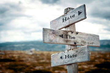 Hate the hate text on wooden rustic signpost outdoors in nature/mountain scenery. Haters, bullying,...