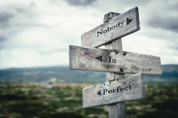 Nobody is perfect text on wooden rustic signpost outdoors in nature/mountain scenery....