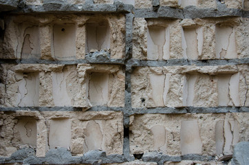 Abstract background. Old rough texture, crumbling brickwork with streaks of gray concrete....