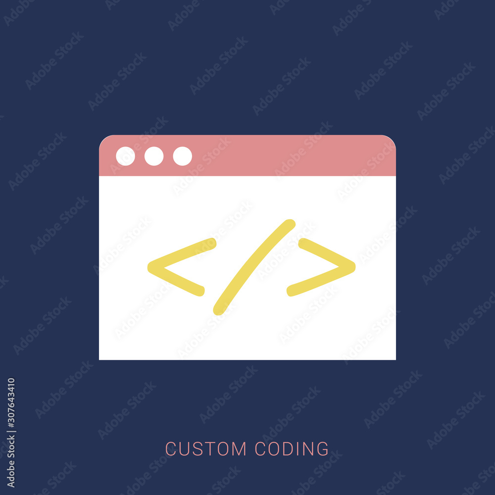 Poster custom coding symbol on blue background,clean vector. minimal flat icon