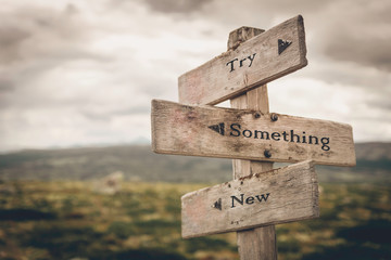Try something new text on wooden rustic signpost outdoors in nature/mountain scenery. Break the...