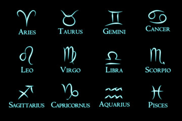 Set of the twelve zodiac signs and their names in blue on a black background