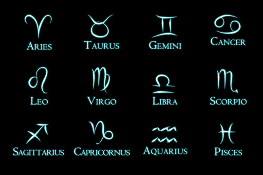 Set of the twelve zodiac signs and their names in blue on a black background
