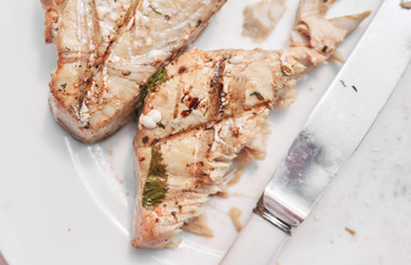 beautiful organic free range pan seared tuna and salmon steak, cooked to perfection, served on a white plate. tender fresh fish for a healthy eating diet. nutritious and delicious low fat seafood.