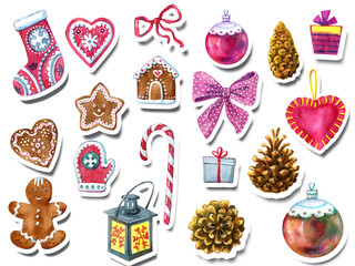 Set of cakes, hearts, ribbons and Christmas elements isolated on a white background. Endless texture, pattern. Greeting card, decoration for Christmas, pattern for fabric.