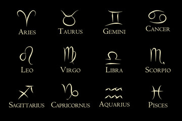 Set of the twelve zodiac signs and their names in yellow on a black background