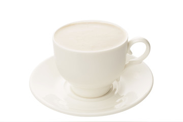 cappuccino with froth in a white cup isolated on white background