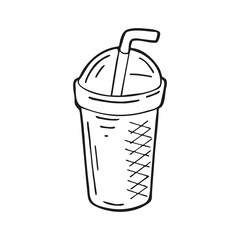 Single hand drawn cold drink or iced coffee takeaway cup. In doodle style, black outline isolated on a white background. Cute element for card, social media banner, stickers. Vector illustration