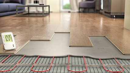 Process of laying laminate panels on floor with underfloor heating, 3d illustration