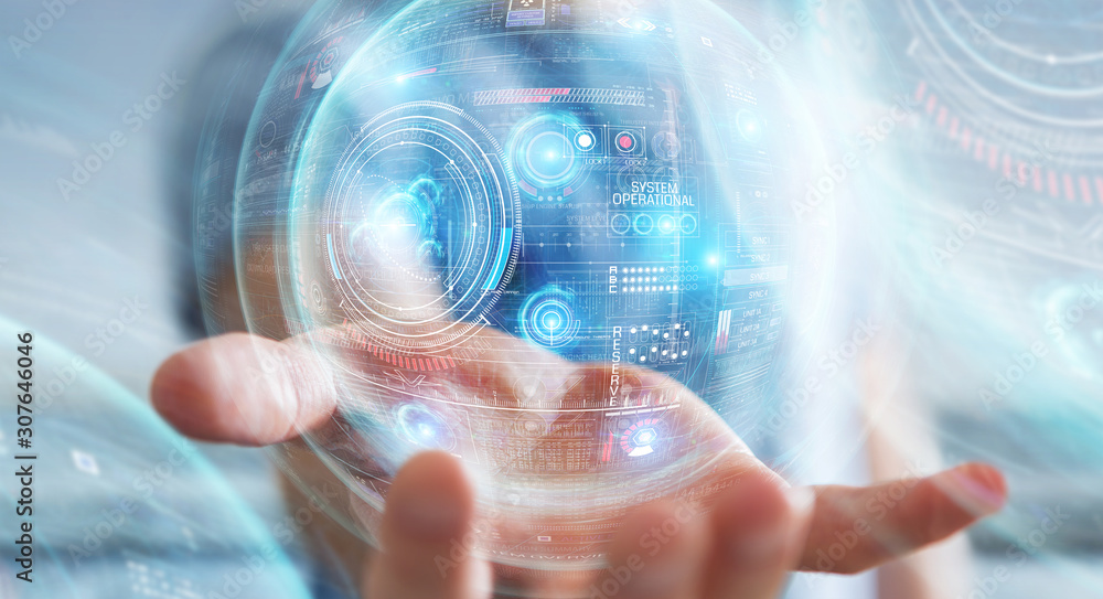 Poster Businessman using digital technological interface with datas 3D rendering
